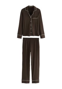 Dunkelbraunes, langärmeliges Pyjamaoberteil mit Knöpfen und weißer Paspelierung sowie passenden elastischen Bundhosen mit weißer Paspel an den Bündchen.