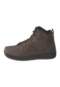 Braune High-Top-Sneaker aus synthetischem Material, mit strukturiertem Design, gepolsterter Schuhkragen und schwarzer Außensohle mit Logoakzent.