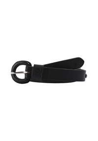 Cinturón de cuero negro con una hebilla redonda, que presenta una textura suave y un diseño limpio. La correa es plana y se estrecha en los extremos.
