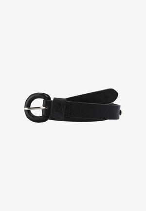 Cinturón de cuero negro con una hebilla redonda, que presenta una textura suave y un diseño limpio. La correa es plana y se estrecha en los extremos.