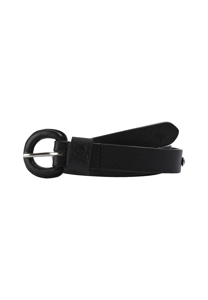 Cinturón de cuero negro con una hebilla redonda, que presenta una textura suave y un diseño limpio. La correa es plana y se estrecha en los extremos.