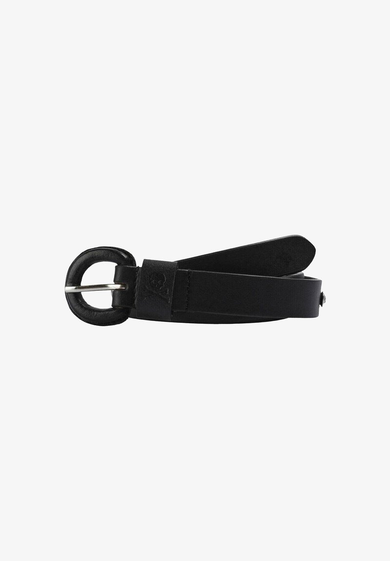 Cinturón de cuero negro con una hebilla redonda, que presenta una textura suave y un diseño limpio. La correa es plana y se estrecha en los extremos.