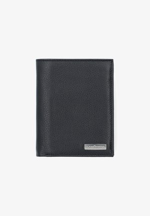 Czarny skórzany portfel o fakturze kamyczkowej i srebrnej tabliczce z logo. Składana konstrukcja charakteryzuje się czystymi krawędziami i minimalnym przeszyciem.