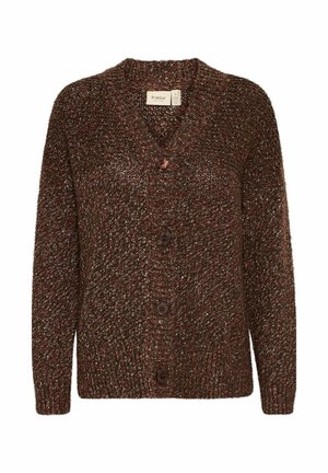 Cardigan lavorato a maglia marrone con scollo a V, caratterizzato da un filato in rilievo, cinque grandi bottoni e orli e polsini a costine.