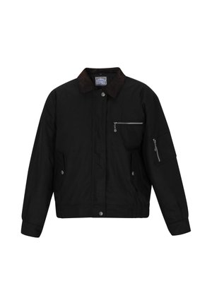 Juodas švarkas su rudų zomšinių apykakle, turi priekinę užtrauktuką ir spaustukų kišenes, elastinį juosmenį bei ilgus rankovius su užtrauktukų akcentais.