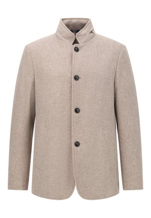 Beige wool blend jacket with a high collar, five black buttons, and side pockets. Features a smooth texture and a tailored fit.