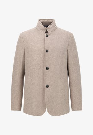 Beige villasegu meldimisjakk kõrge kraega, viis musta nööpi ja küljetaskudega. Omab sileda tekstuuri ja istuva lõiget.