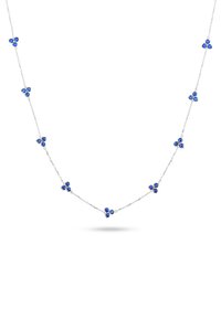 Silberne Halskette mit blauen Edelsteinakzenten in blumenförmigen Designs, die entlang einer zarten Kette angeordnet sind. Glatte Textur mit polierter Oberfläche.