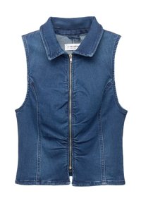 Denim sleeveless vest, featuring a full-front zipper, collared neckline, gathered detailing at the front, and a classic blue wash.