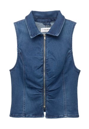 Ärmellose Jeansweste mit durchgehendem Reißverschluss, Kragen, gerafften Details an der Vorderseite und einer klassischen blauen Waschung.