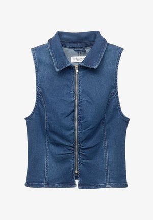 Farmerdzseki, ujjatlan fazonnal, elöl teljes hosszúságú cipzárral, galléros nyakkal, gyűjtött részletekkel a frontrészen és klasszikus kék mosással.