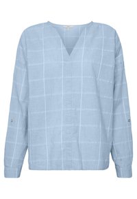Blouse en lin bleu clair avec encolure en V, manches longues et motif à grille blanche. Détails de boutons sur les manches. Coupe décontractée.