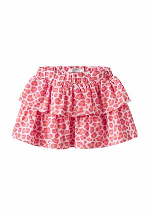 Jupe en imprimé léopard rose avec un design à volants superposés et une taille élastique pour plus de confort. Fabriquée en tissu léger.
