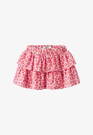 Roze luipaardprint rok met een gelaagde ruches ontwerp en een elastische tailleband voor comfort. Gemaakt van lichtgewicht stof.