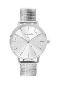 Zilveren analoge horloge met een mesh band van roestvrij staal. De ronde wijzerplaat heeft een geborstelde zilveren achtergrond, stergravures en drie diamanten accenten.