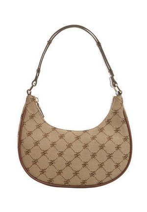 Beige crescent-shaped handbag with brown interlocking logo pattern and adjustable brown shoulder strap.