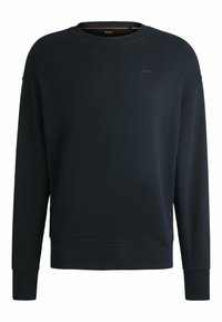 Dark navy sweatshirt with a round neck, long sleeves, ribbed cuffs, and hem. Features a subtle logo embroidered on the chest.