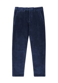 Marineblaue Cordhosen mit strukturiertem Außenmaterial, ausgestattet mit einem Knopfverschluss, frontalen Taschen und geradem Bein.