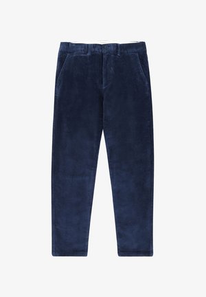 Marineblaue Cordhosen mit strukturiertem Außenmaterial, ausgestattet mit einem Knopfverschluss, frontalen Taschen und geradem Bein.