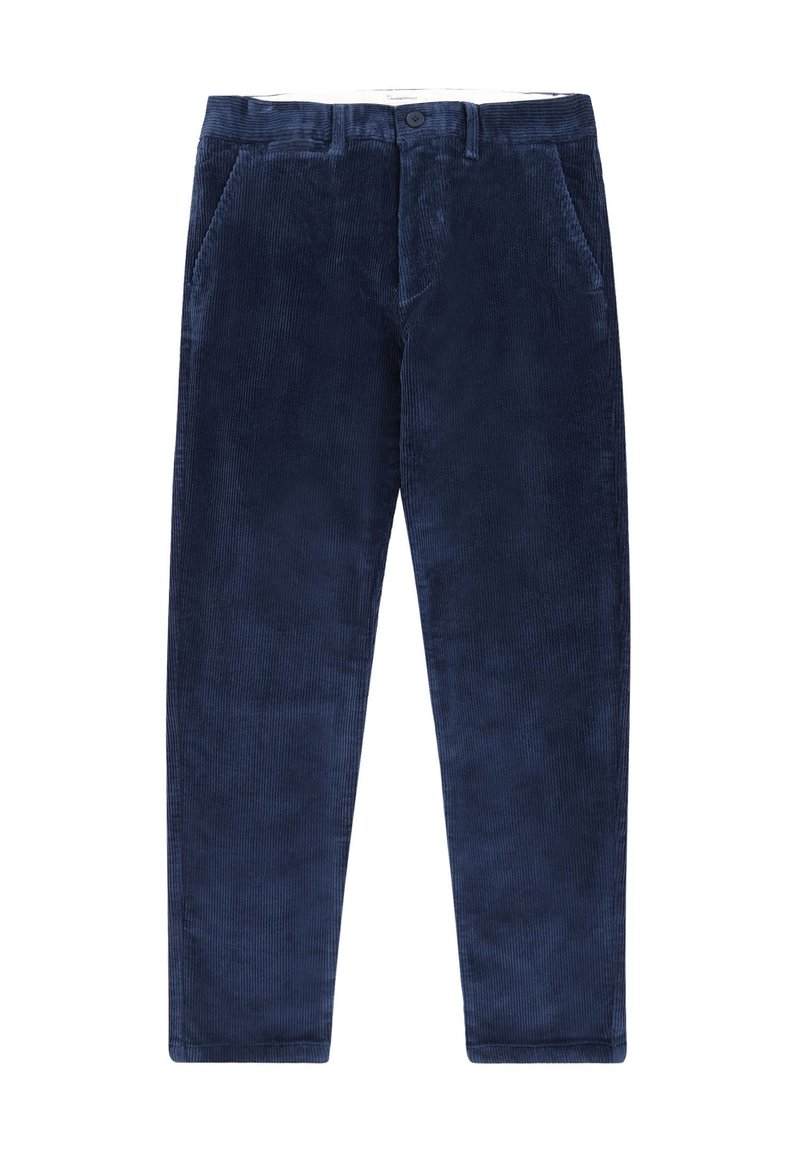 Marineblaue Cordhosen mit strukturiertem Außenmaterial, ausgestattet mit einem Knopfverschluss, frontalen Taschen und geradem Bein.
