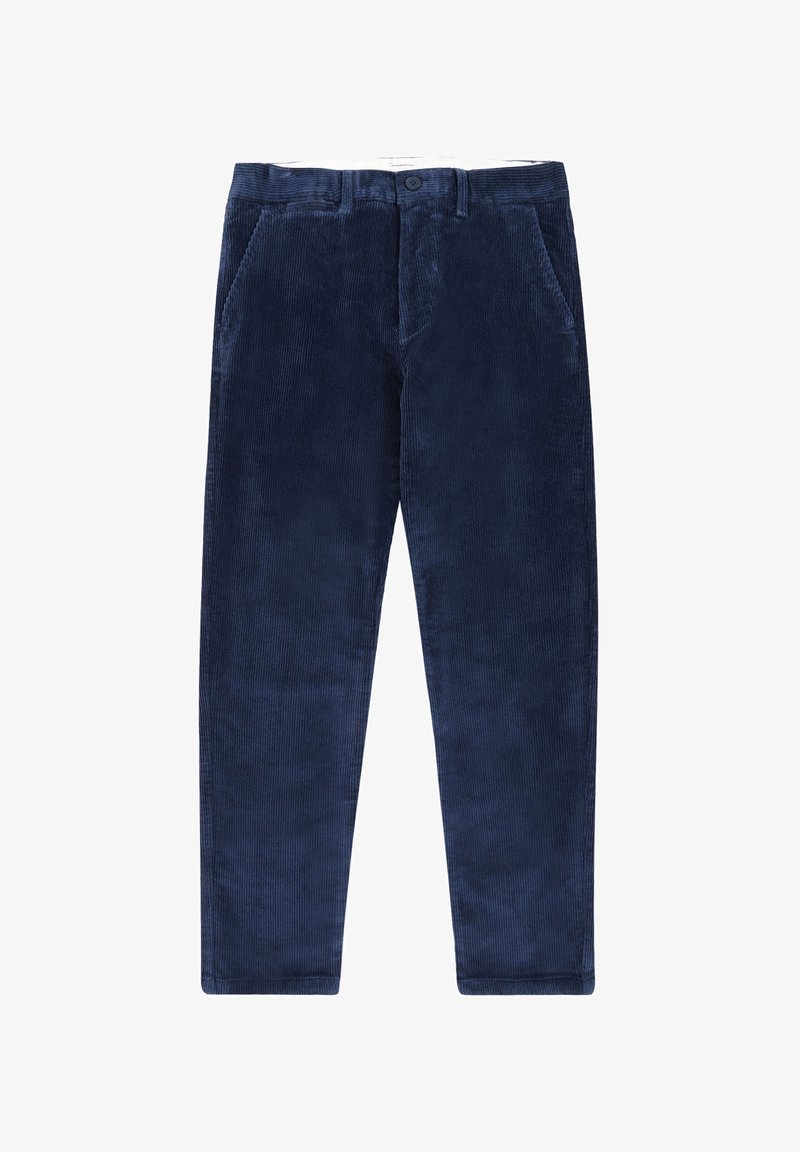Marineblaue Cordhosen mit strukturiertem Außenmaterial, ausgestattet mit einem Knopfverschluss, frontalen Taschen und geradem Bein.