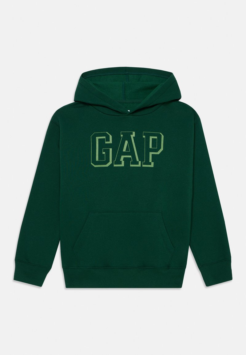 Sweatshirt à capuche vert foncé avec poche kangourou avant et logo "GAP" en lettres vertes plus claires sur la poitrine.