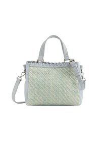 Hellblaue Handtasche mit gewebtem Texturpanel, verstellbarem Tragegurt, oberen Griffen und kontrastierenden Nähten. Weiches Leder.
