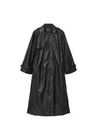 Cămașă lungă din piele neagră cu un design cu două rânduri de nasturi, mâneci largi și talie cu curea. Dispune de un guler mare și buzunare laterale.