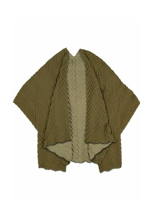 Olivgrüner Kimono-Stil Wickelmantel mit einer strukturierten Herringbone-Außenseite und einem weicheren, leichteren Futter. Rohschnittkanten und übergroße Ärmel.