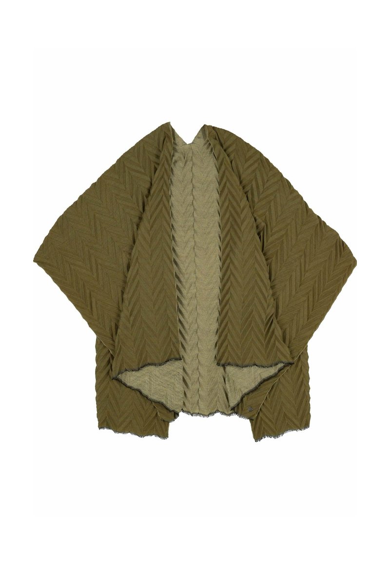 Kimono vert olive en style enveloppant, présentant un extérieur texturé en chevrons et une doublure plus douce et légère. Bords bruts et manches surdimensionnées.