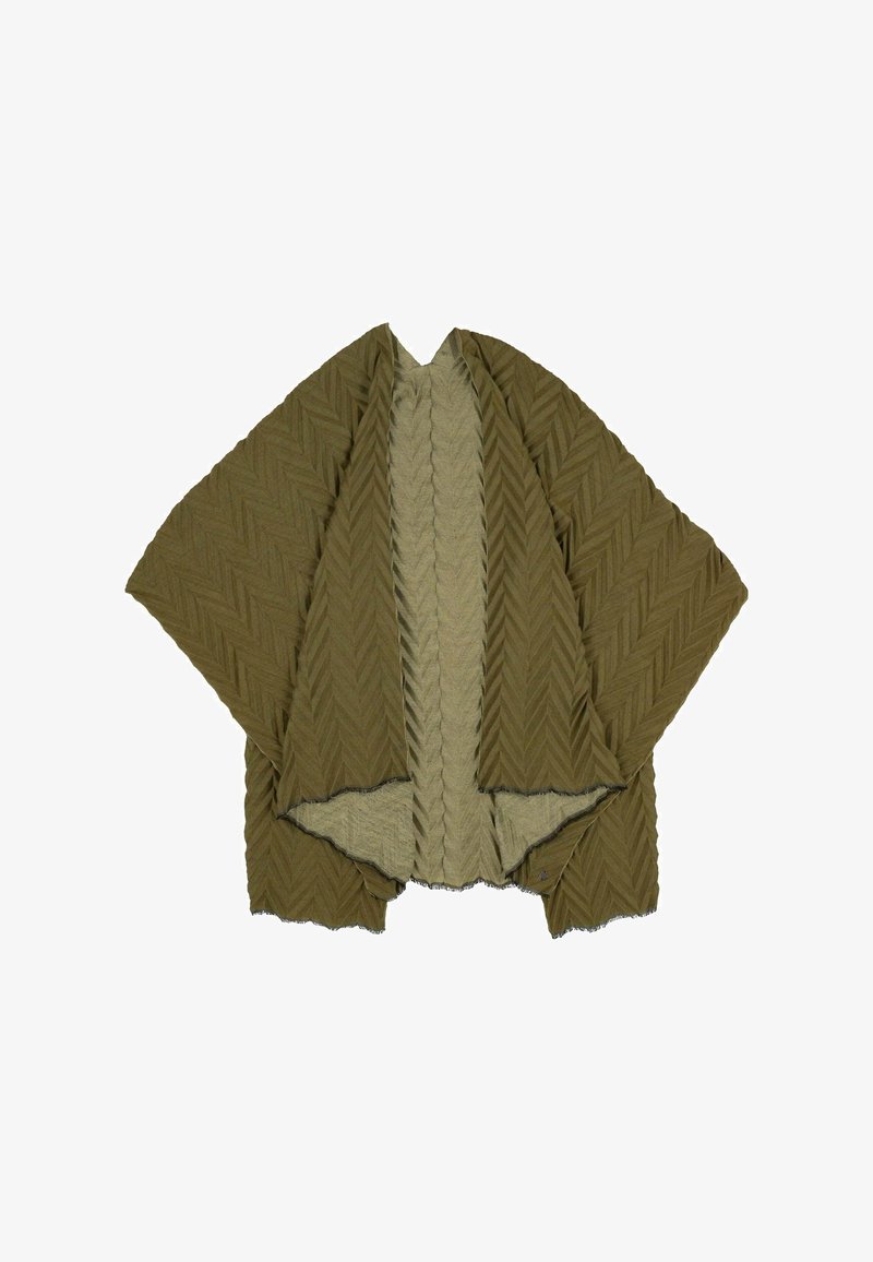 Kimono vert olive en style enveloppant, présentant un extérieur texturé en chevrons et une doublure plus douce et légère. Bords bruts et manches surdimensionnées.
