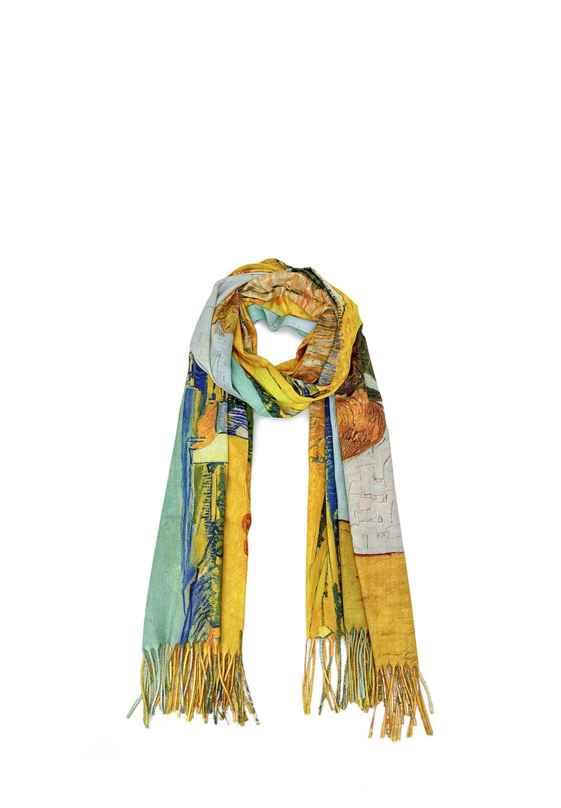 Scarf stampato colorato con diverse tonalità di giallo, blu e verde. Lunghe con frange alle estremità, presenta motivi simili a opere d'arte in tutto il suo tessuto.
