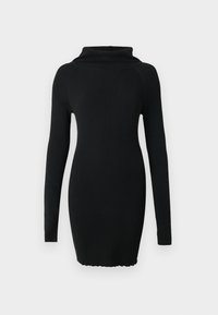 Rochie neagră din tricot cu dungi, cu guler tip căciulă și mâneci lungi, având o siluetă mulată și tiv ușor ondulat.