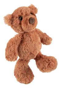Soft brown teddy bear made of plush material with round black eyes, a brown nose, and small ears; features a rounded body and fluffy limbs.