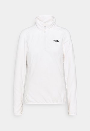 Biała bluza polarowa z długim rękawem, ćwierć zamkiem i logo The North Face na lewej piersi.