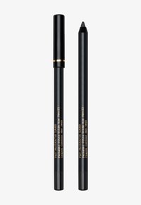 Matita eyeliner nera con punta appuntita. Il corpo ha una texture liscia e presenta scritte dorate. Include un cappuccio removibile.