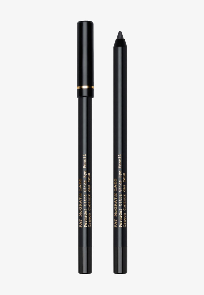 Matita eyeliner nera con punta appuntita. Il corpo ha una texture liscia e presenta scritte dorate. Include un cappuccio removibile.
