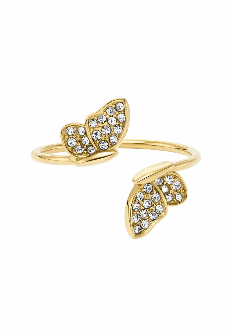 Goldfarbener Ring in Schmetterlingsform, mit klaren Strasssteinen auf den Flügeln und einem glatten, polierten Band.