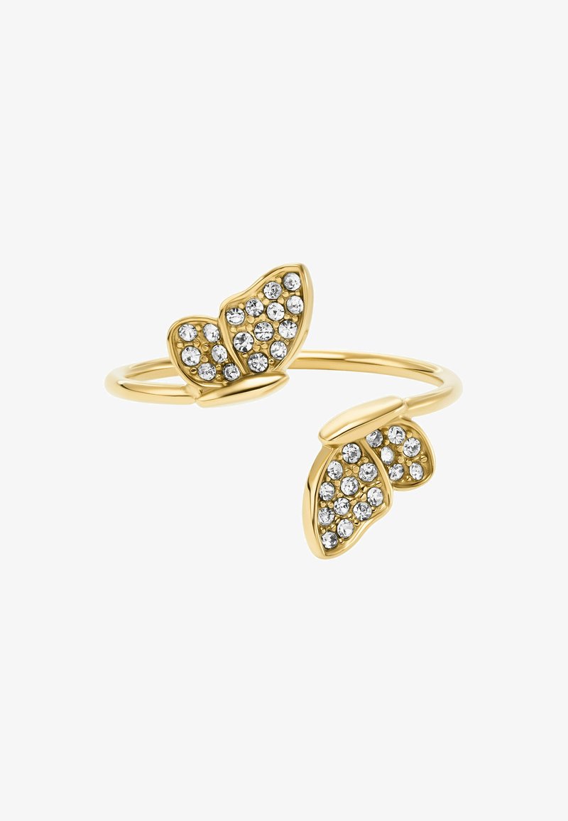 Bague dorée en forme de papillons, ornée de strass clairs sur les ailes et d'un anneau lisse et poli.