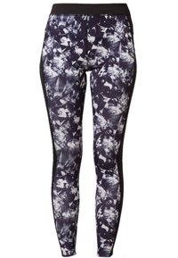 Leggings aus elastischem Stoff in Dunkelgrau und Schwarz, mit einem geometrischen Muster und weißen Akzenten sowie einem breiten schwarzen Bund.
