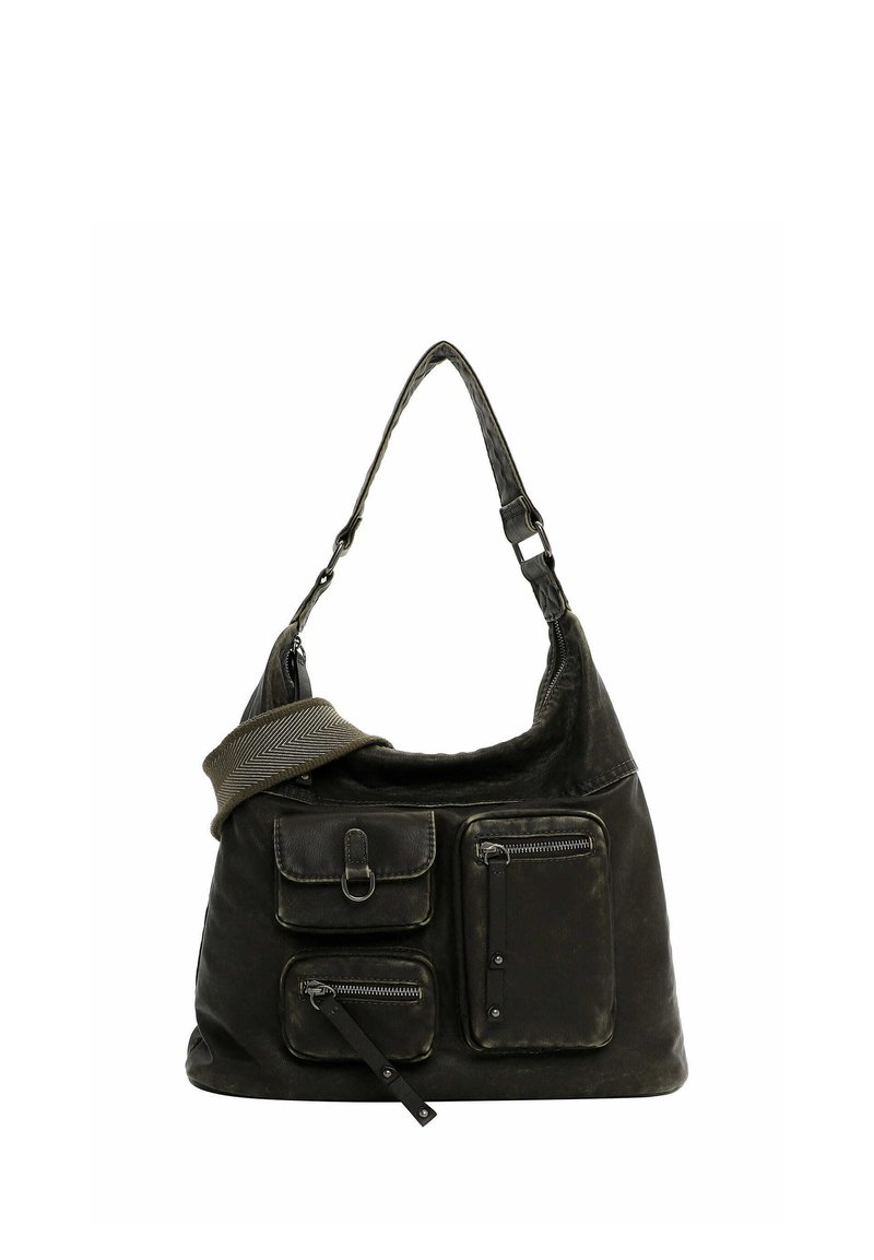 Bolso hobo grande de cuero negro con una correa trenzada para el hombro, que cuenta con tres bolsillos frontales con cremallera y un acabado texturizado.