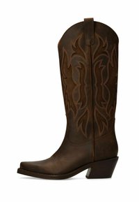 Dark brown leather cowboy boot with flame-pattern stitching, pointed toe, mid-height angled heel, and pull tab on top.
