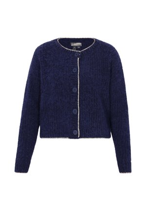 Navyblauer, kuscheliger Strick-Cardigan mit langen Ärmeln, rundem Ausschnitt, vorderem Knopfverschluss und beiger Einfassung an den Kanten.