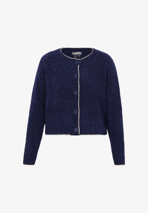 Navyblauer, kuscheliger Strick-Cardigan mit langen Ärmeln, rundem Ausschnitt, vorderem Knopfverschluss und beiger Einfassung an den Kanten.