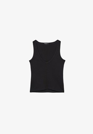 Débardeur en coton noir sans manches, avec un col en V et un ourlet droit, posé à plat sur un fond blanc.