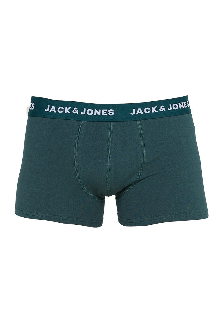 Boxer breifs oscuros de color verde, fabricados en suave algodón, con una cinturilla elástica blanca de marca que lleva el texto "JACK & JONES".