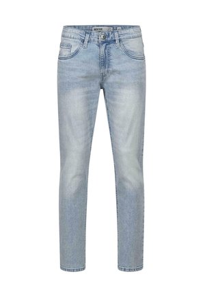 Light blue denim jeans with a straight leg design, five pockets, button and zipper closure, and subtle fading throughout fabric.