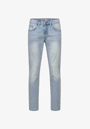 Light blue denim jeans with a straight leg design, five pockets, button and zipper closure, and subtle fading throughout fabric.