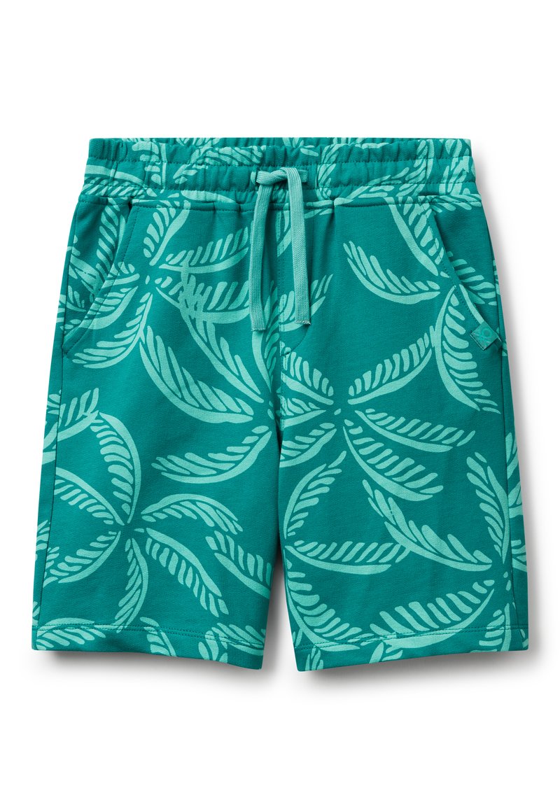 Shorts turchesi realizzati in tessuto morbido presentano un motivo a foglia di una tonalità più chiara, una vita elasticizzata e tasche laterali per praticità.