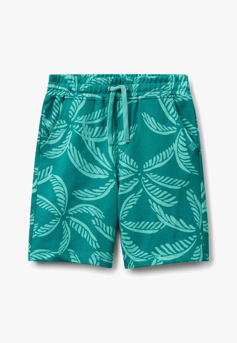 Un short turquoise en tissu doux présente un motif de feuilles dans une teinte plus claire, une taille élastique et des poches latérales pour plus de praticité.